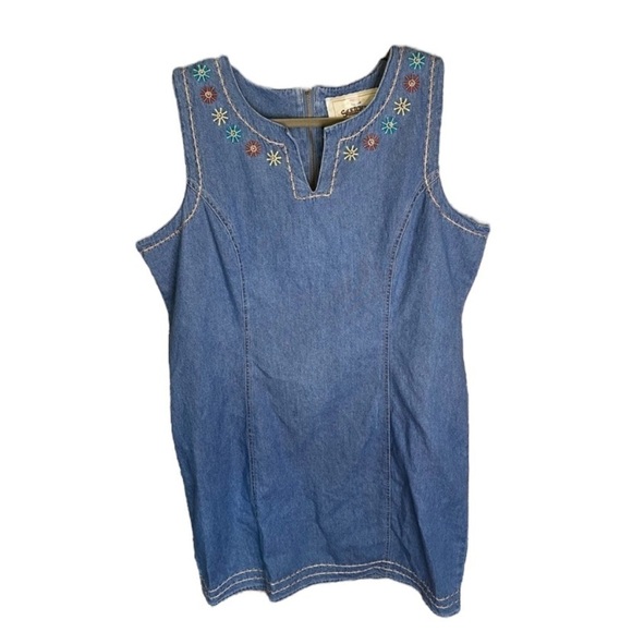 VINTAGE Jean Dress Embroidered Floral Neckline Size 16 - Picture 1 of 12